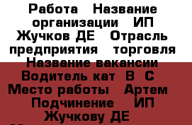 Работа › Название организации ­ ИП Жучков ДЕ › Отрасль предприятия ­ торговля › Название вакансии ­ Водитель кат. В, С › Место работы ­ Артем › Подчинение ­  ИП Жучкову ДЕ › Минимальный оклад ­ 25 000 › Максимальный оклад ­ 30 000 › Возраст от ­ 25 › Возраст до ­ 50 - Приморский край, Артем г. Работа » Вакансии   
